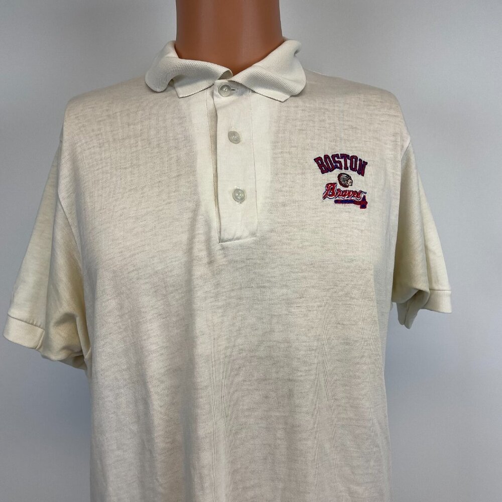 Vintage Boston Braves Polo Shirt Mens Size M Beige MLB Baseball Embroidered Logo